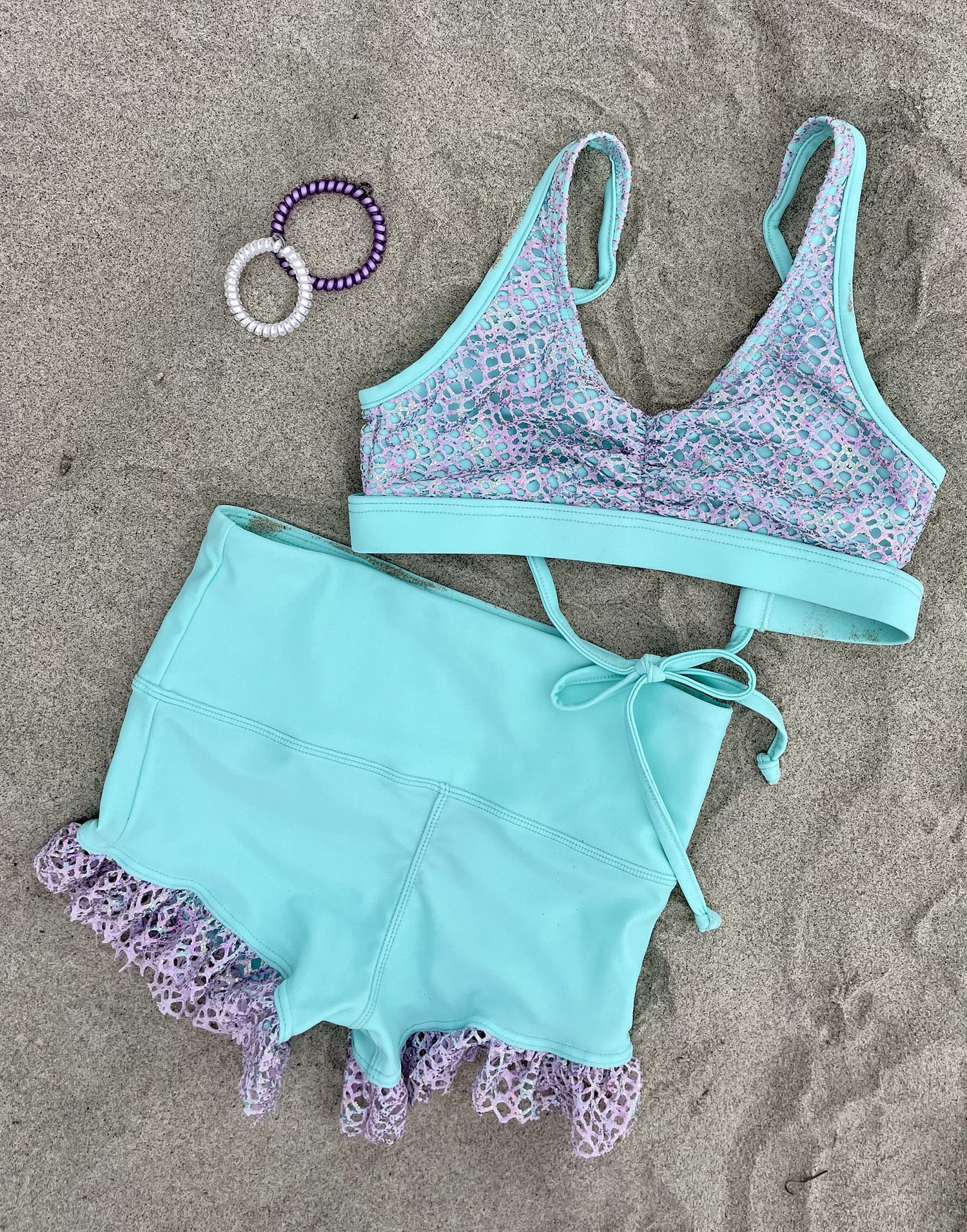 Dallas Bralette Active Top in Aqua with Wide Net Mesh Overlay - Product View