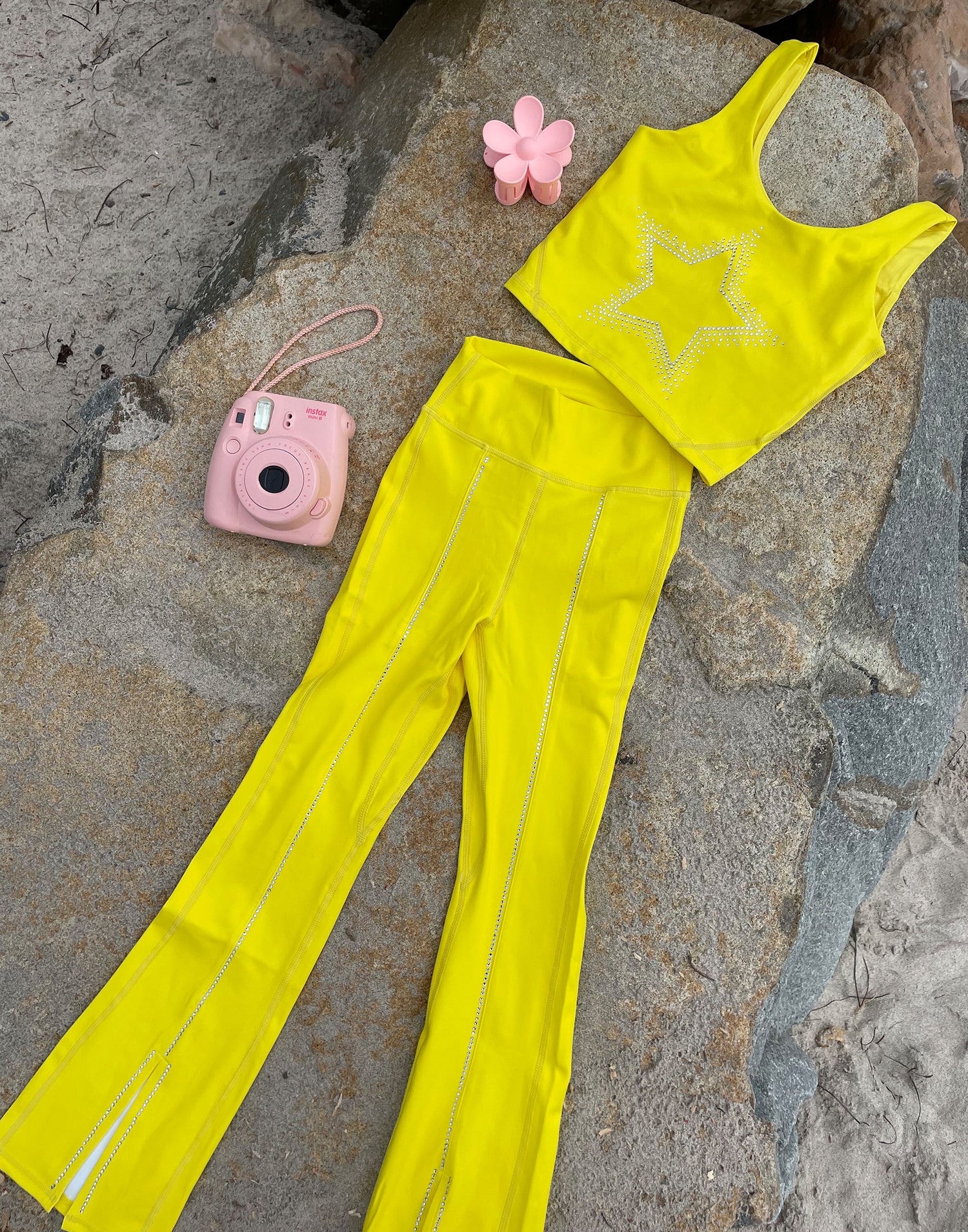 Brooklynn Flare Active Pant in Yellow with Front Spilt & Rhinestone Details - Product View