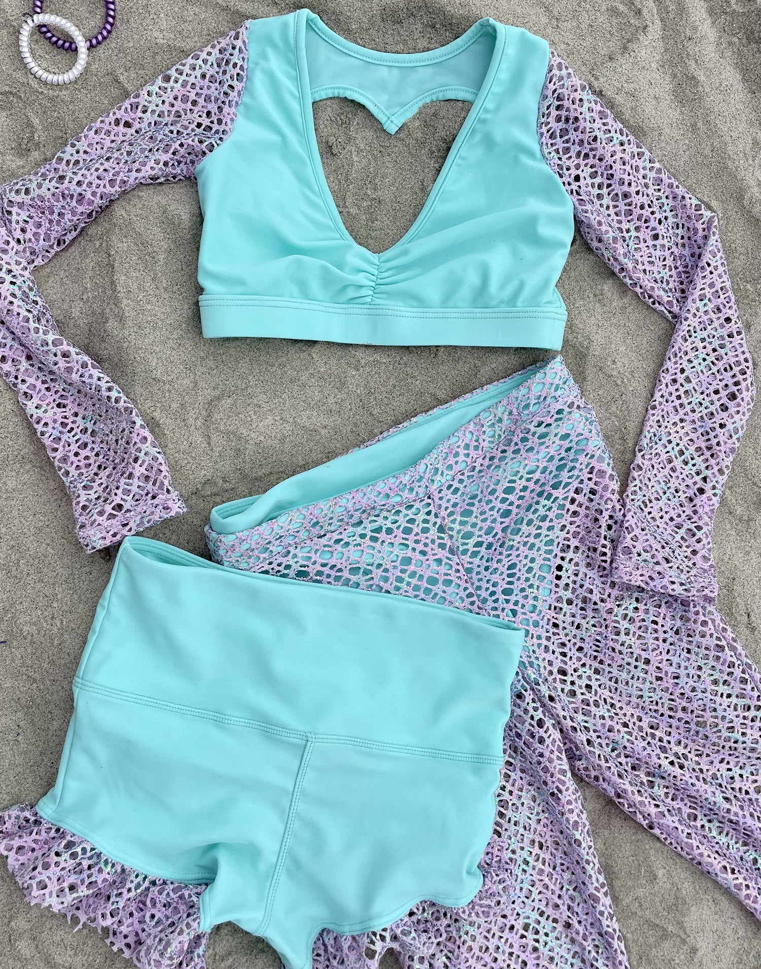 Dallas Active Top in Aqua with Wide Net Mesh Long Sleeves - Product View